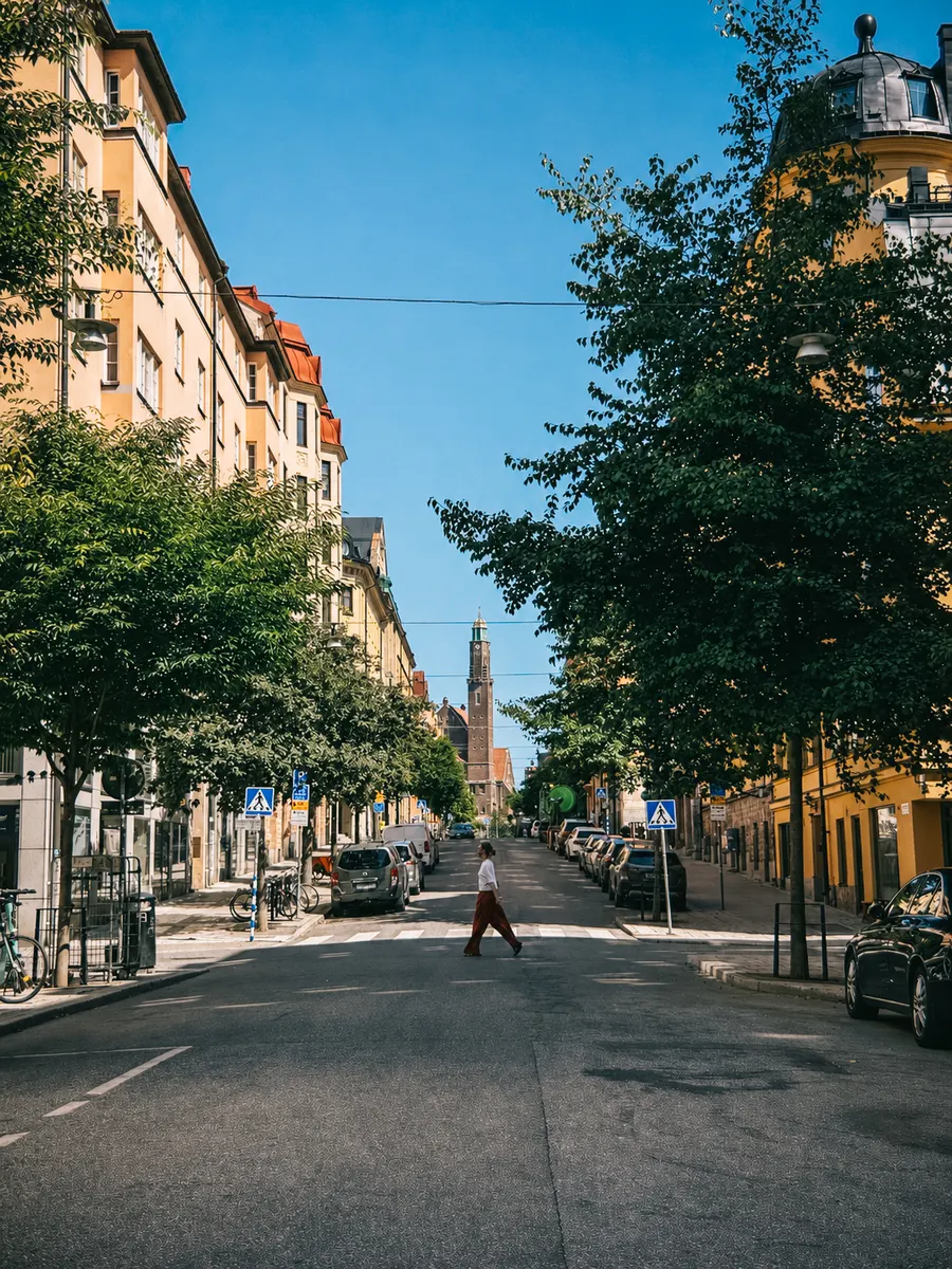 A person crossing a quiet, tree-lined Stockholm street in the morning, a church tower in the distance