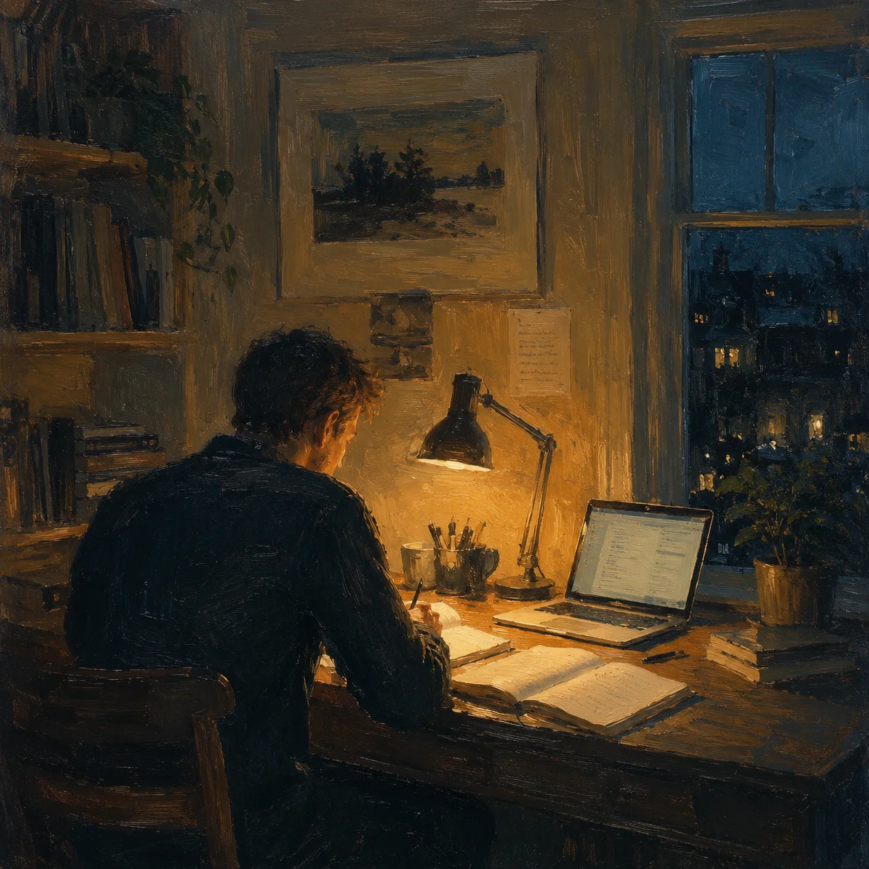 Person working alone at a desk late at night